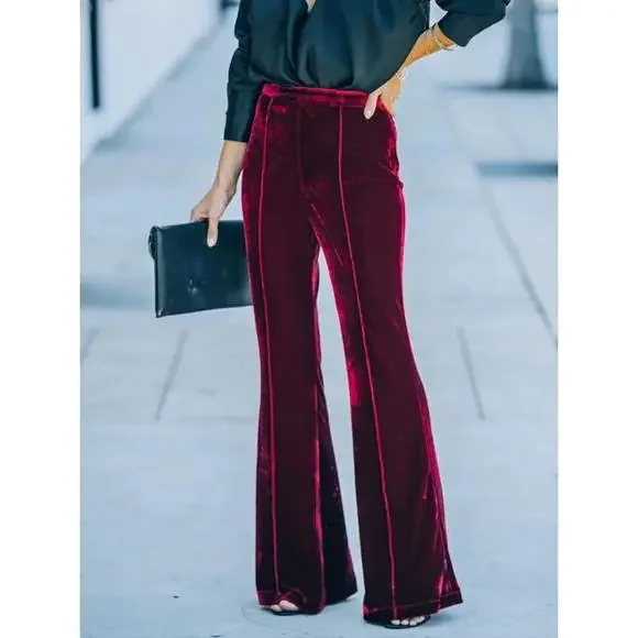 High Waist Velvet Flare Holiday Dressy Pants - Picture 15 of 15